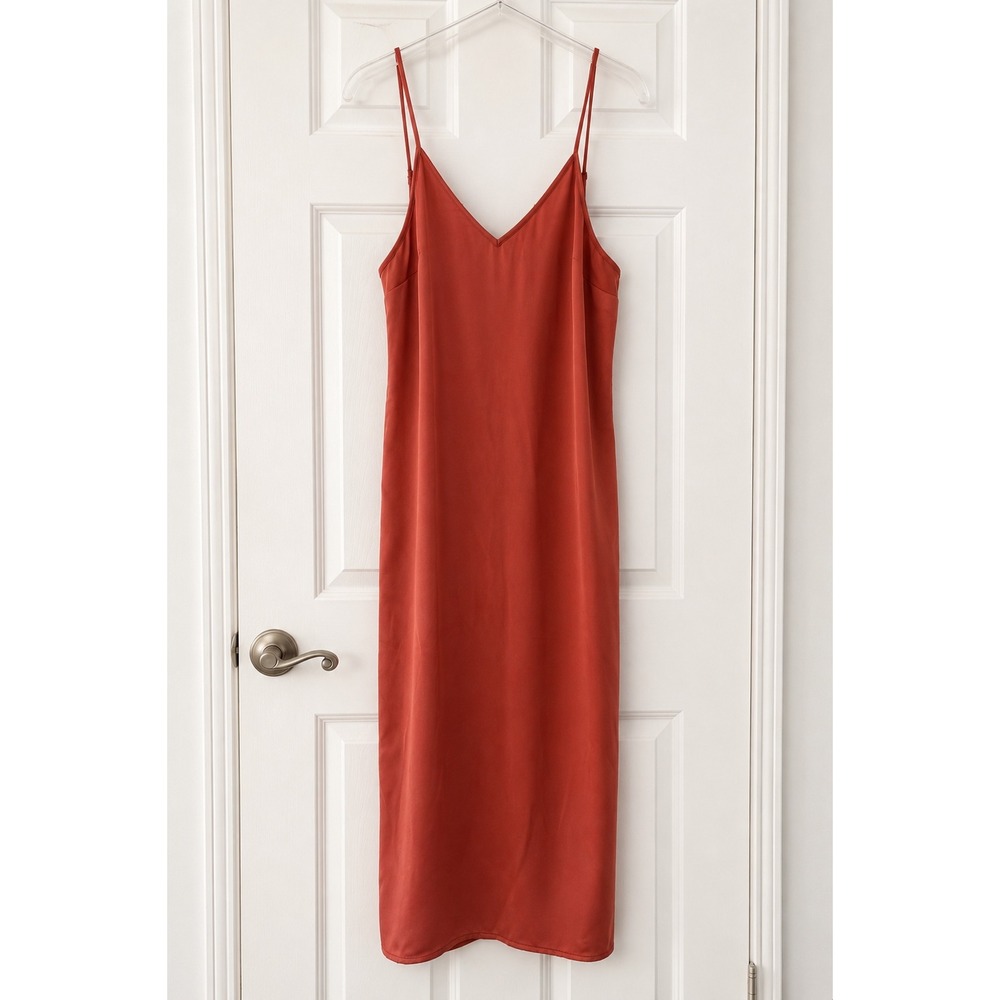 A New Day Women Midi Slip Dress Coral Orange V-Neck Adjustable Straps Size M